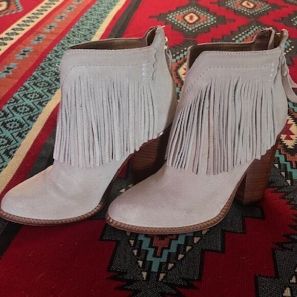 Cynthia Vincent Cream Fringe Suede Block Heel Booties - Picture 1 of 5